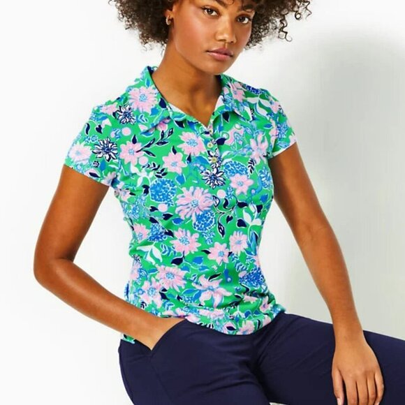 Lilly Pulitzer Frida Scallop Polo UPF 50, Spearmint Golf Till You Drop XS NWT - Picture 1 of 14
